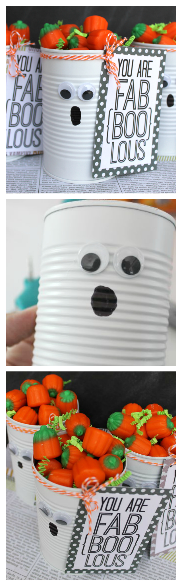 Tin Can Ghost Halloween Gift. Includes the free printable... so cute! 