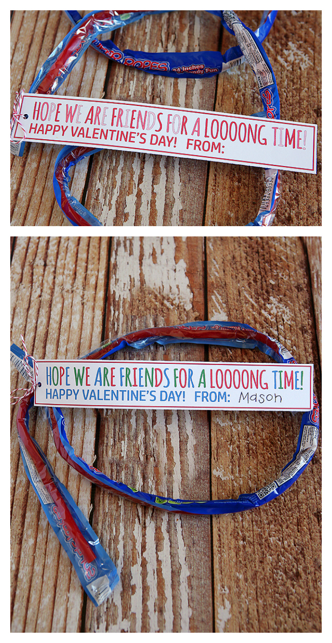 Hope we are friends for a looong time! Valentines for kids using fun super ropes licorice. 