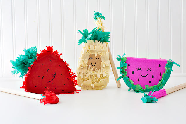 DIY fruity personal piñatas! So cute! Pineapple, Strawberry and Watermelon. Cute free printables for teacher appreciation too!