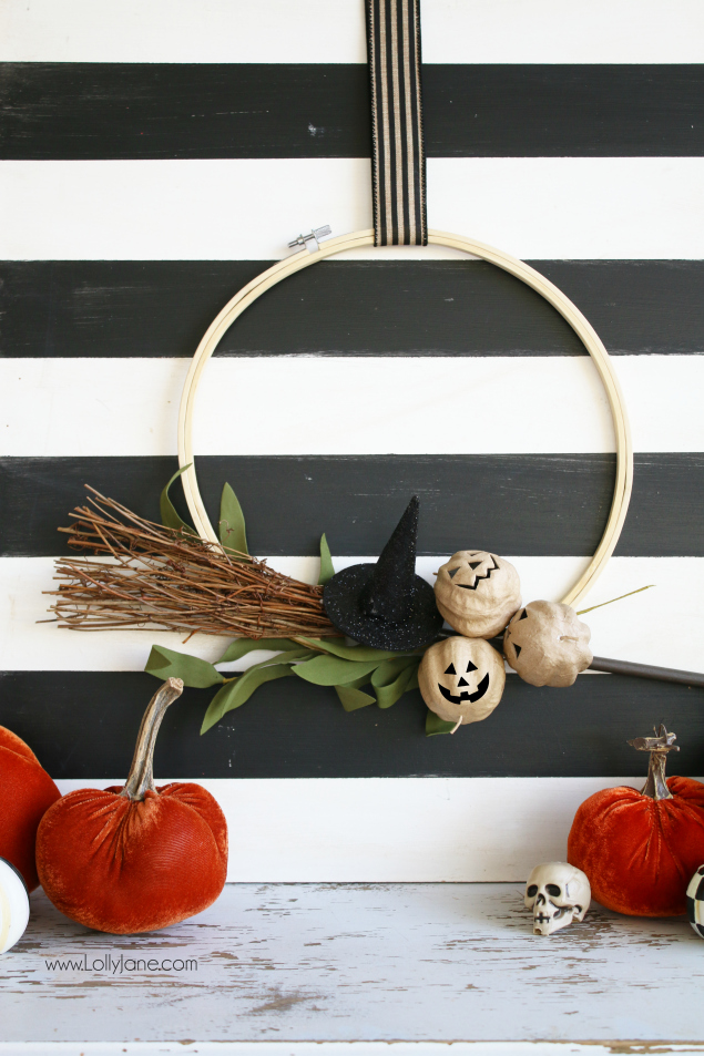 Welcome your guests with a Halloween Hoop Wreath. So easy and fun to make!