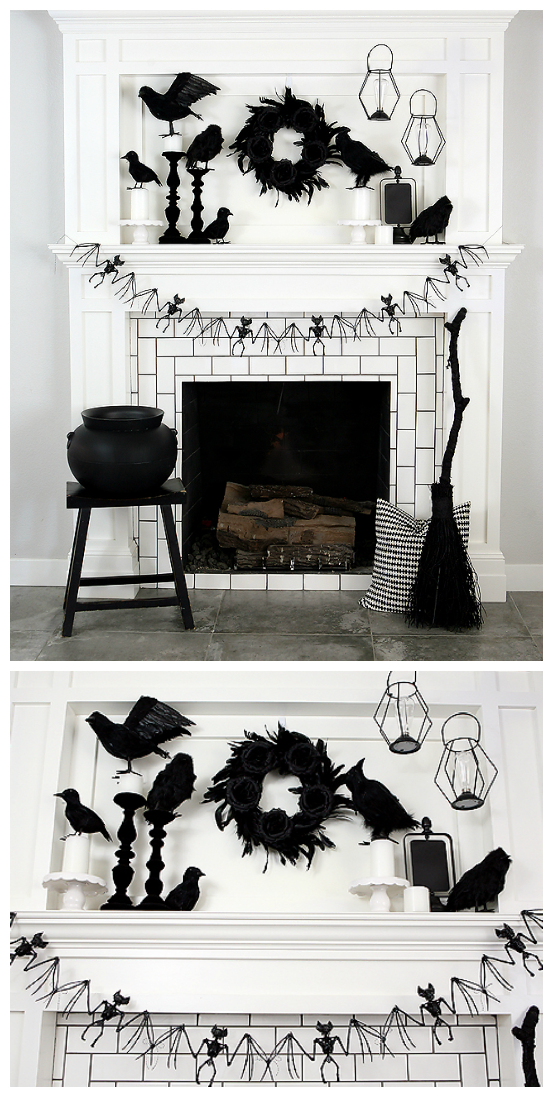 Awesome Black and White Halloween Mantel | Fun Halloween Decorating Ideas #halloweendecorations #halloweenmantel #handmadewithjoann