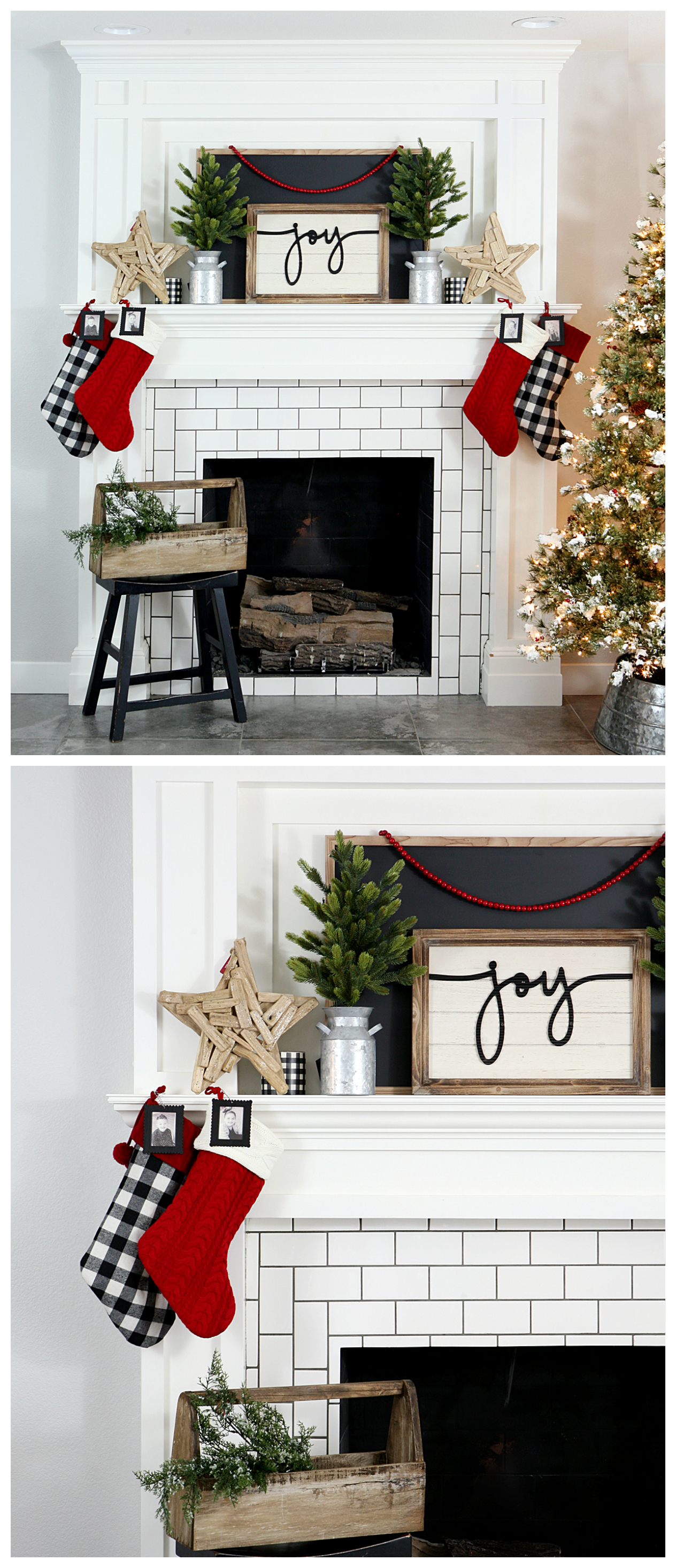 Christmas Farmhouse Mantel | Love the buffalo check with the pops of red and green!