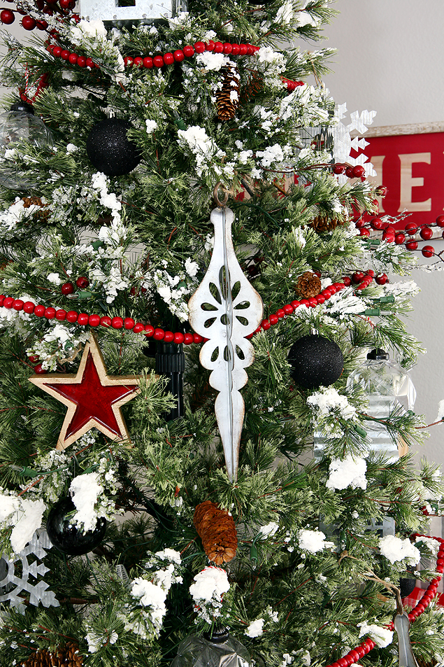 Fun Farmhouse Christmas Tree with galvanized metal ornaments