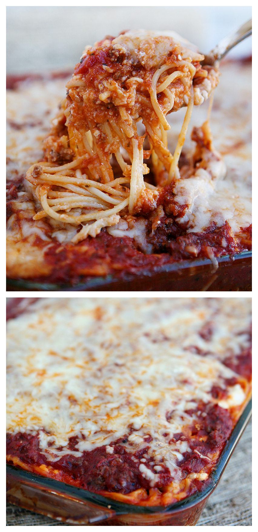 Easy Cheesy Baked Spaghetti. Easy to put together and comes out hot, bubbly and delicious!