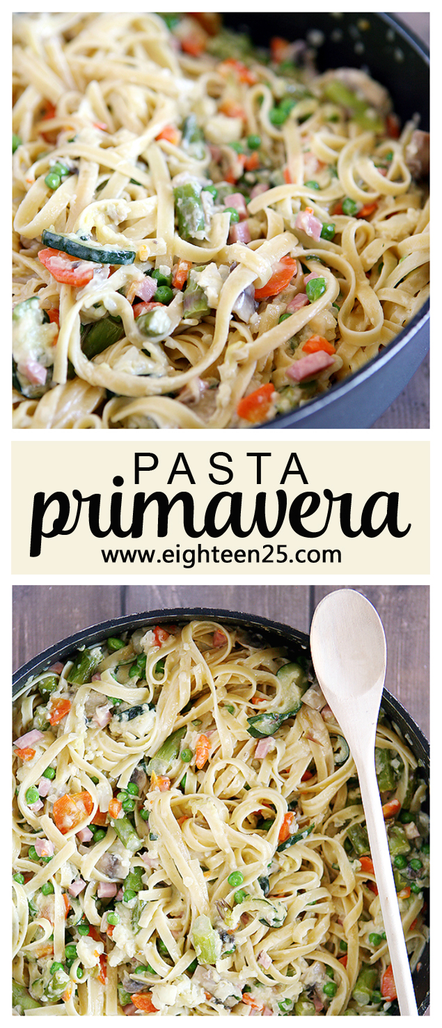 Best Pasta Primavera Recipe.  Creamy fettuccine noodles and lots of yummy veggies. #pasta #pastaprimavera #eighteen25