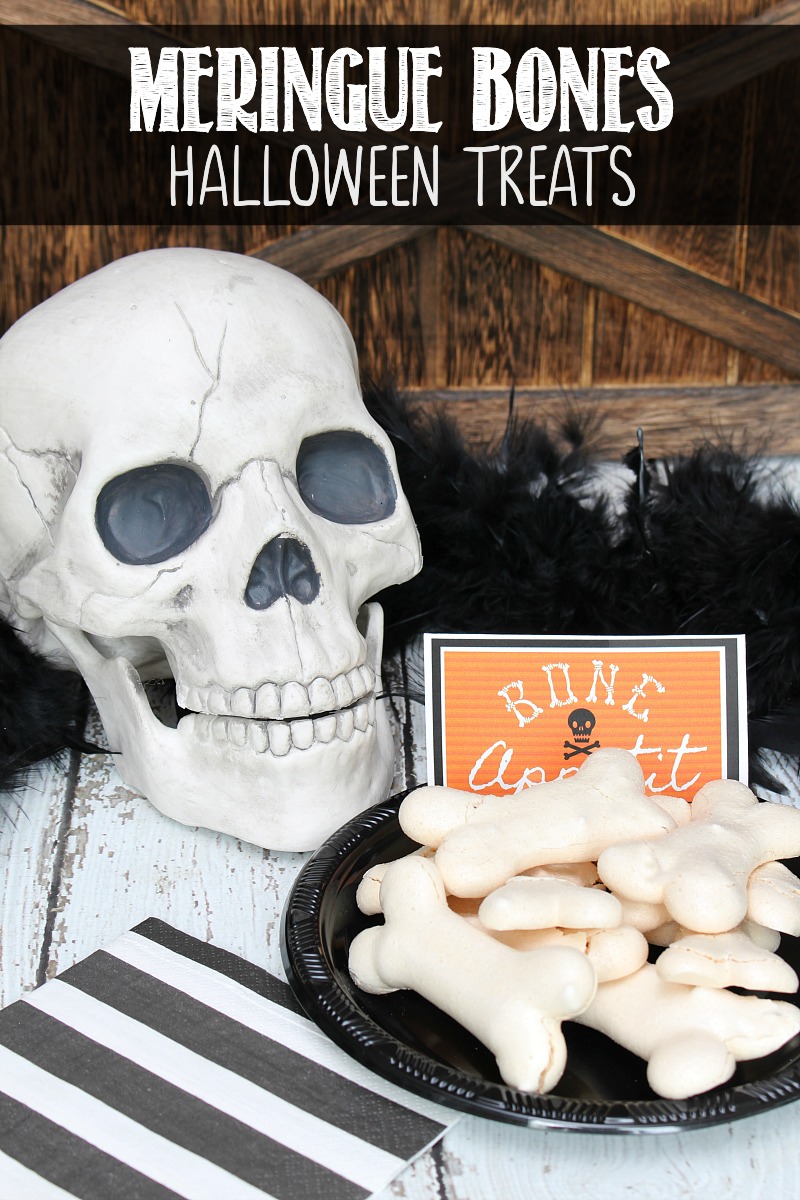 Meringue bones Halloween treats with Bone Appetit printable.