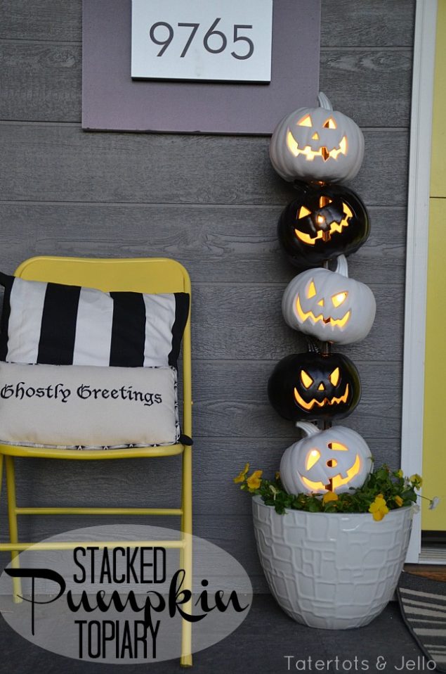 DIY stacked pumpkin topiary for Halloween. 