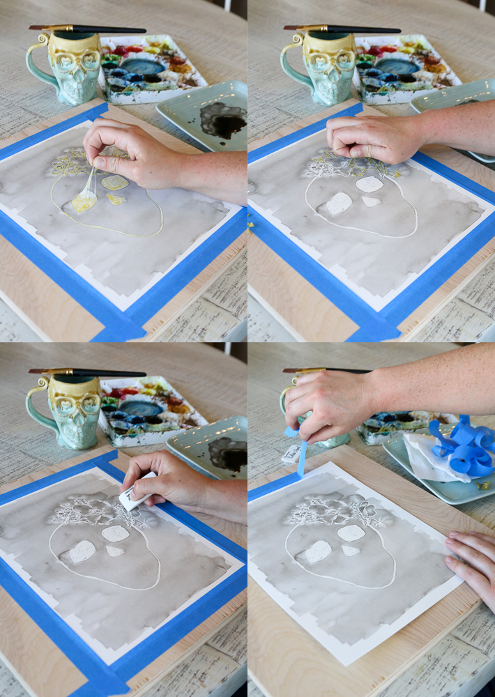 Peel up masking fluid and erase pencil lines